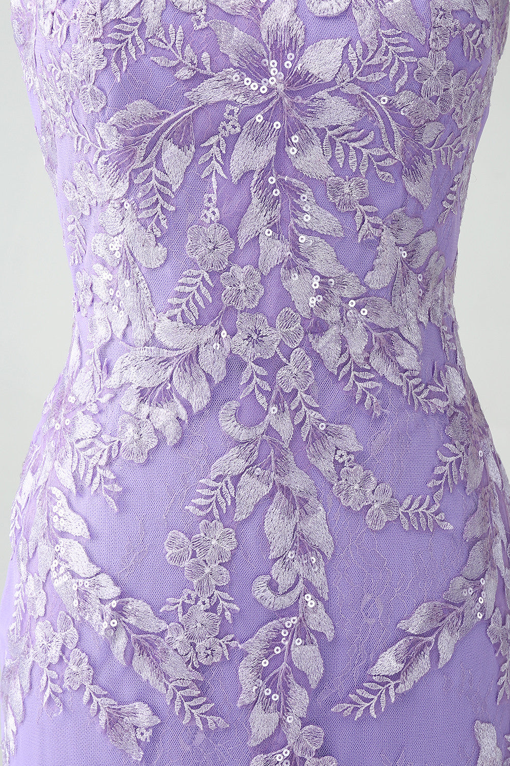 Robe de bal longue sirène lilas à fines bretelles avec appliques