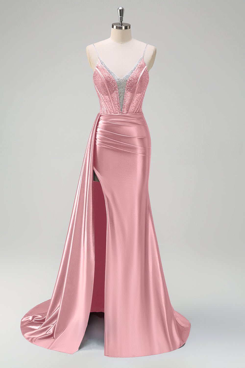 Vestido de Baile Sirena Escote en V con Corset, Entrenador Watteau, Bordado y Abertura