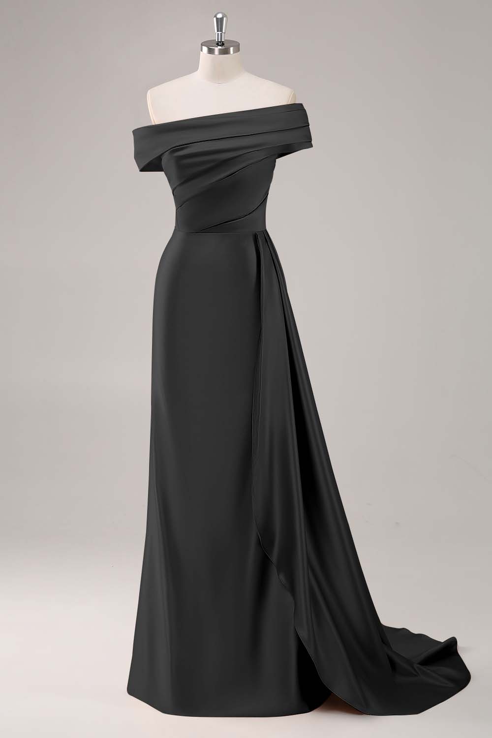 Robe de soirée longue satinée champagne plissée asymétrique
