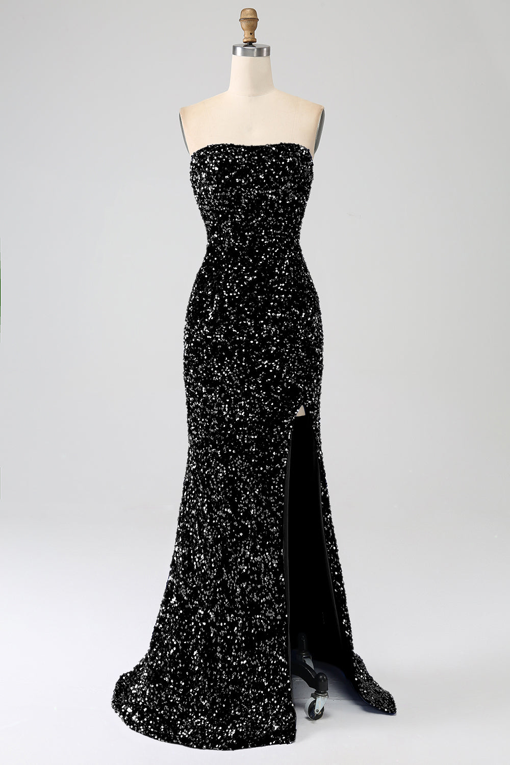 Robe de bal sirène longue rouge sans bretelles à paillettes avec fente