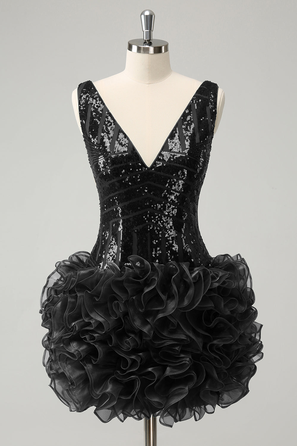 Glitter Dark Green V Neck Sequin Homecoming Dress with Detachable Ruffles