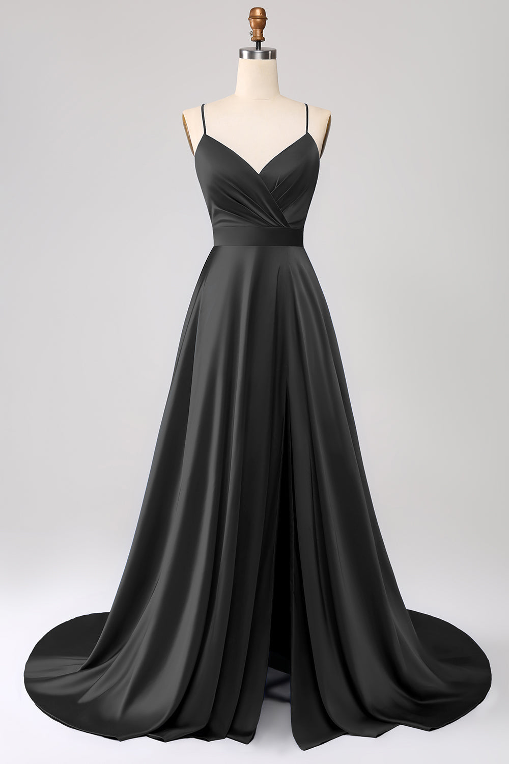 Robe de bal bleu roi en satin évasée à fines bretelles avec fente
