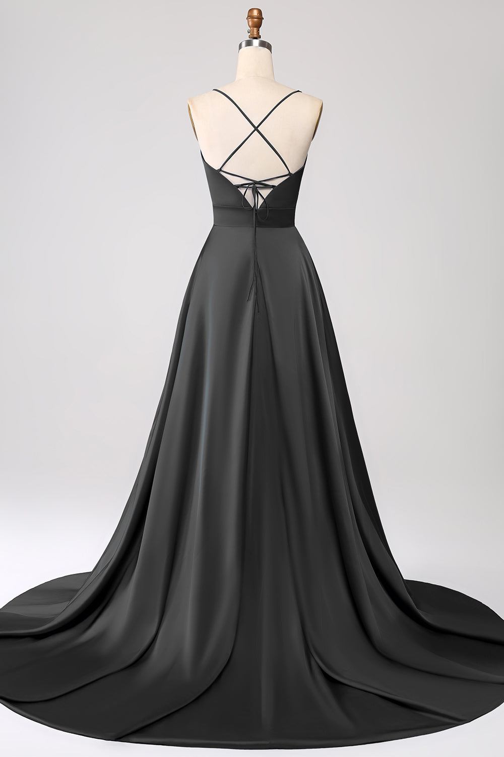 Robe de bal bleu roi en satin évasée à fines bretelles avec fente
