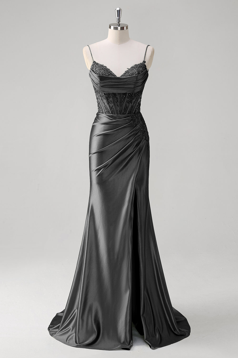 Robe de bal bustier plissée coupe sirène vert émeraude à fines bretelles