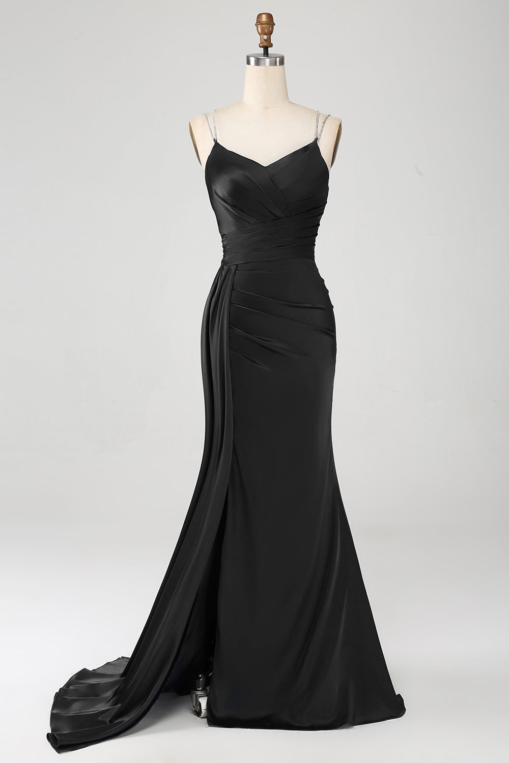 Robe de soirée longue fendue bleu marine en sirène avec bretelles spaghetti et corset plissé