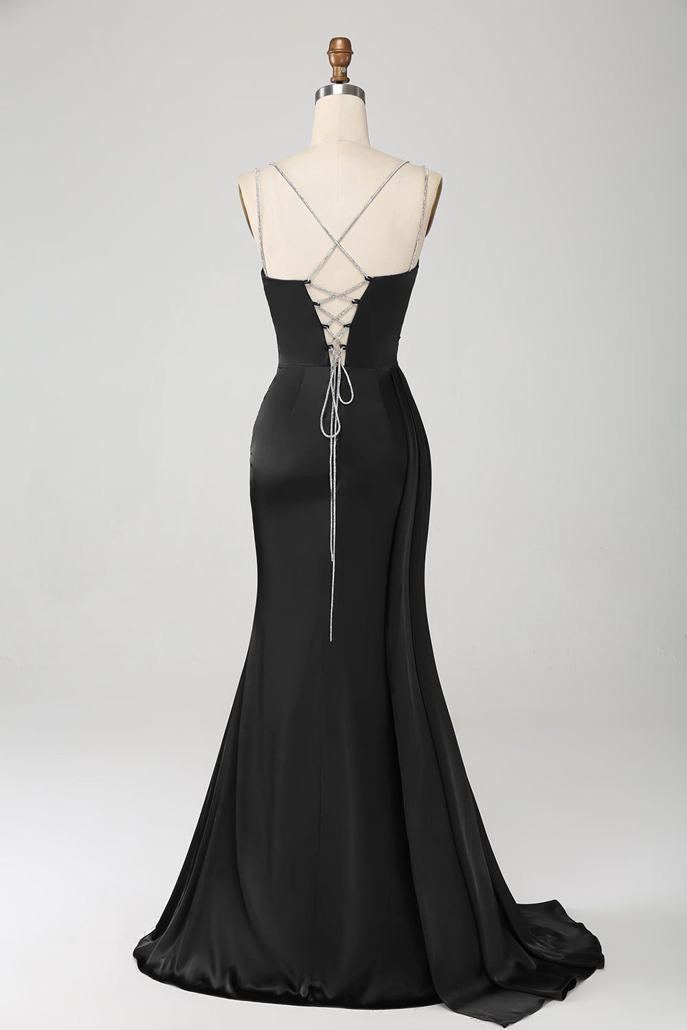 Robe de soirée longue fendue bleu marine en sirène avec bretelles spaghetti et corset plissé