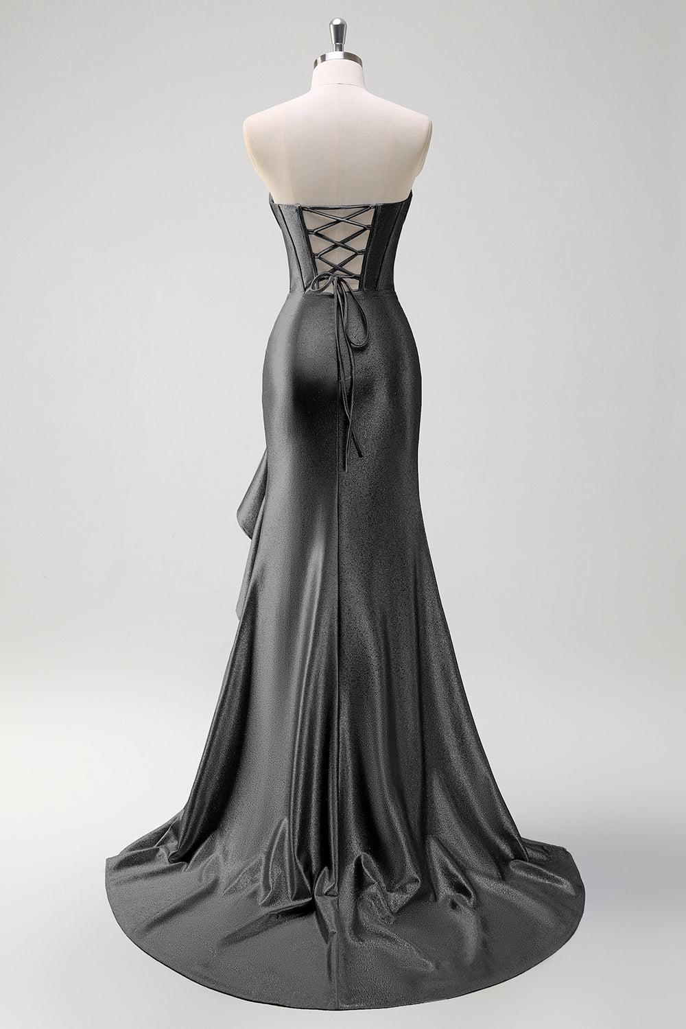 Sparkly Champagne Mermaid Strapless Ruffle Corset Satin Long Prom Dress with Slit