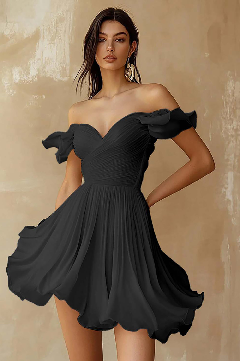 A-Line Ruffled Off-the-Shoulder Pleated White Graduation Dress