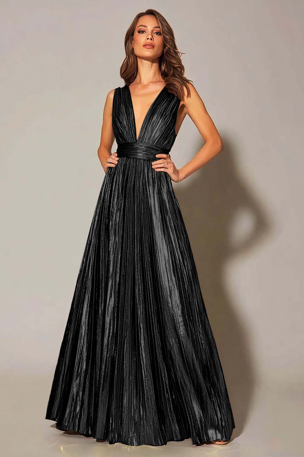 Robe de soirée plissée coupe trapèze doré métallisé