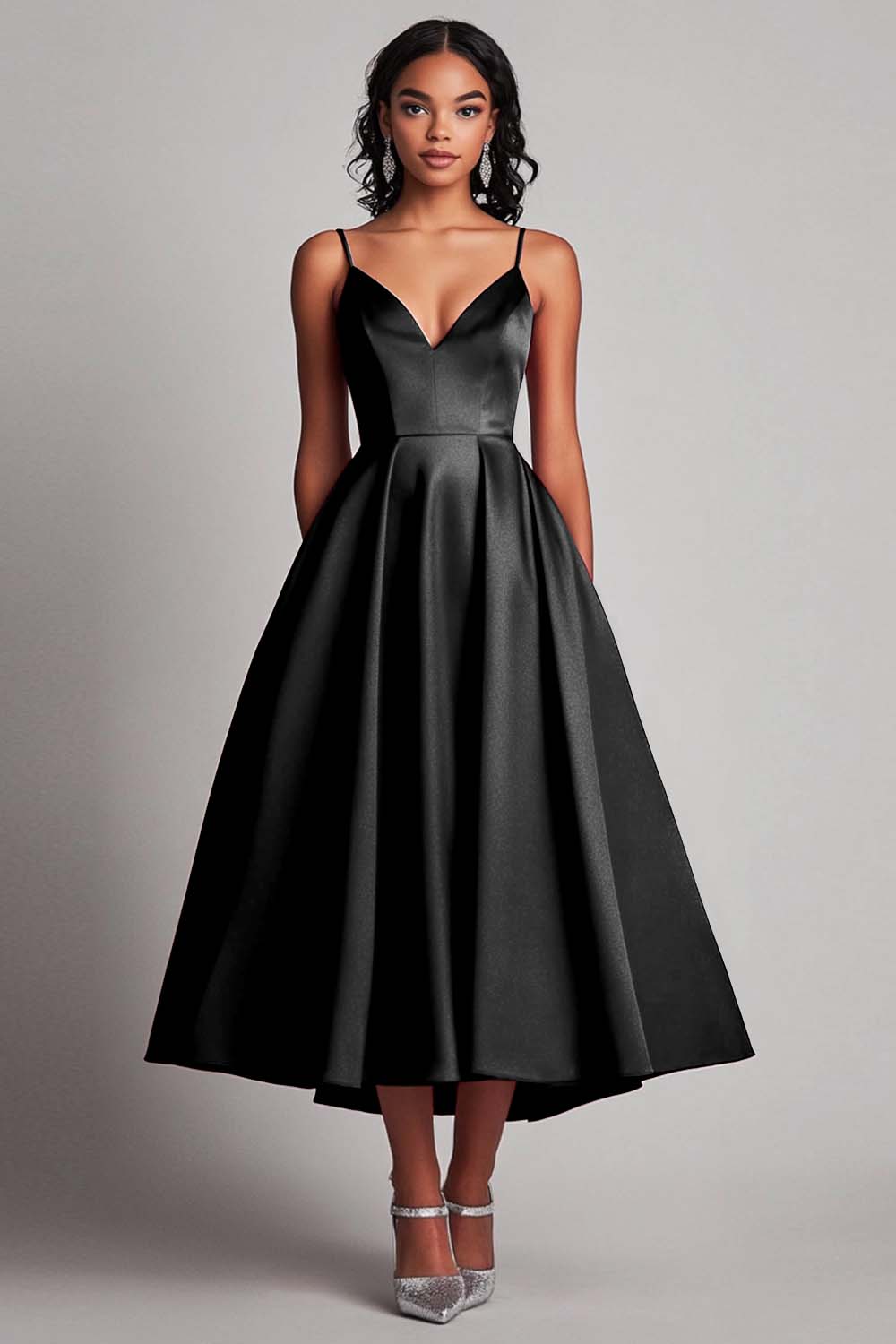 Red Satin A-Line Tea-Length Formal Dress