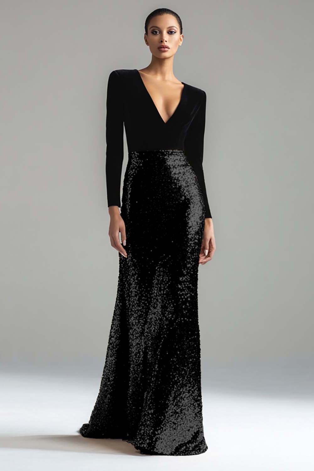 Robe de soirée longue fourreau noire et or étincelante à col en V avec manches
