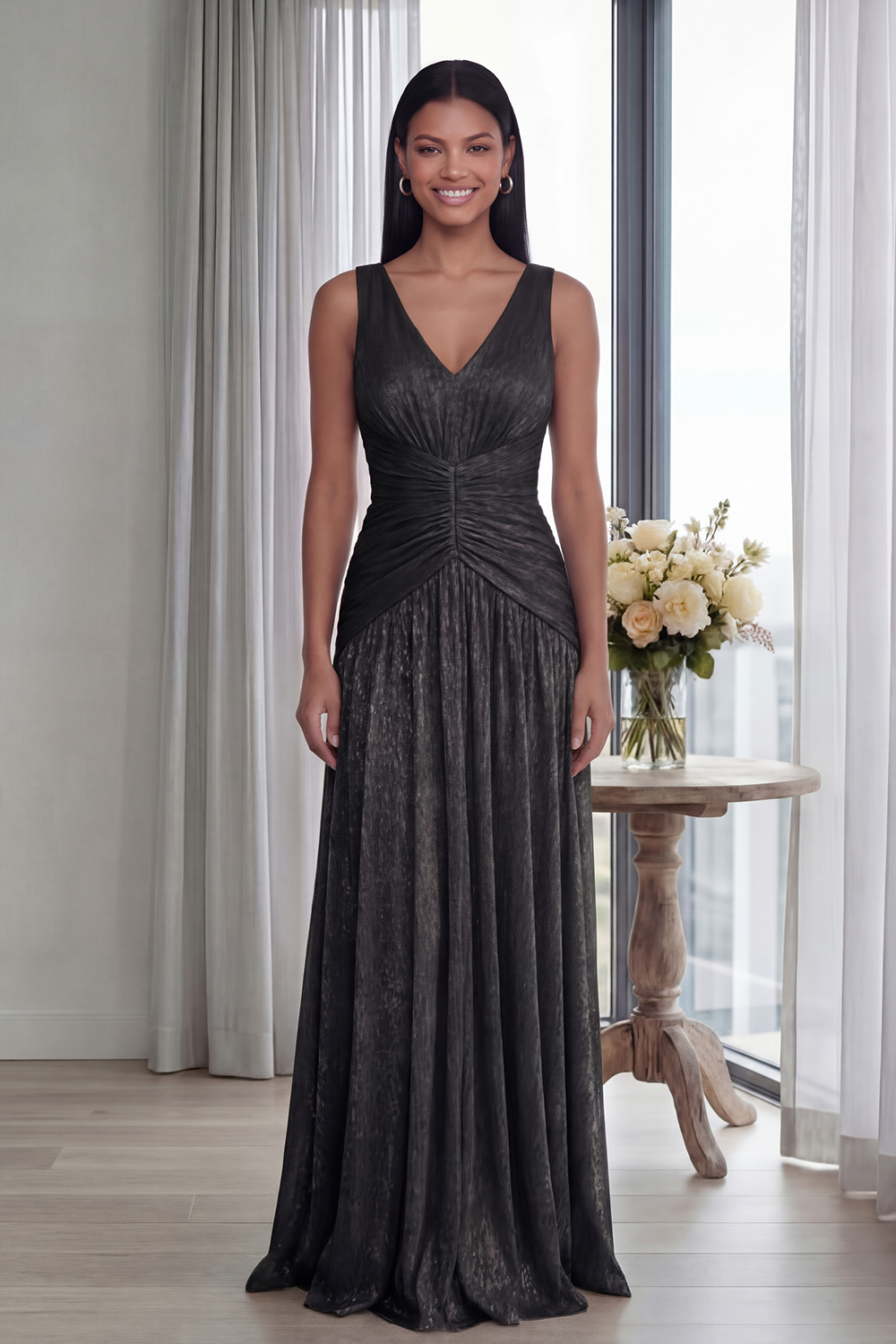 Dusty Rose V-Neck A-Line Pleated Long Formal Dress