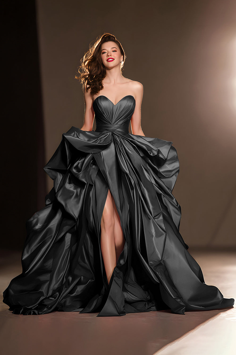 A-Line Sweetheart Dark Red Ruffle Pageant Dress with Slit