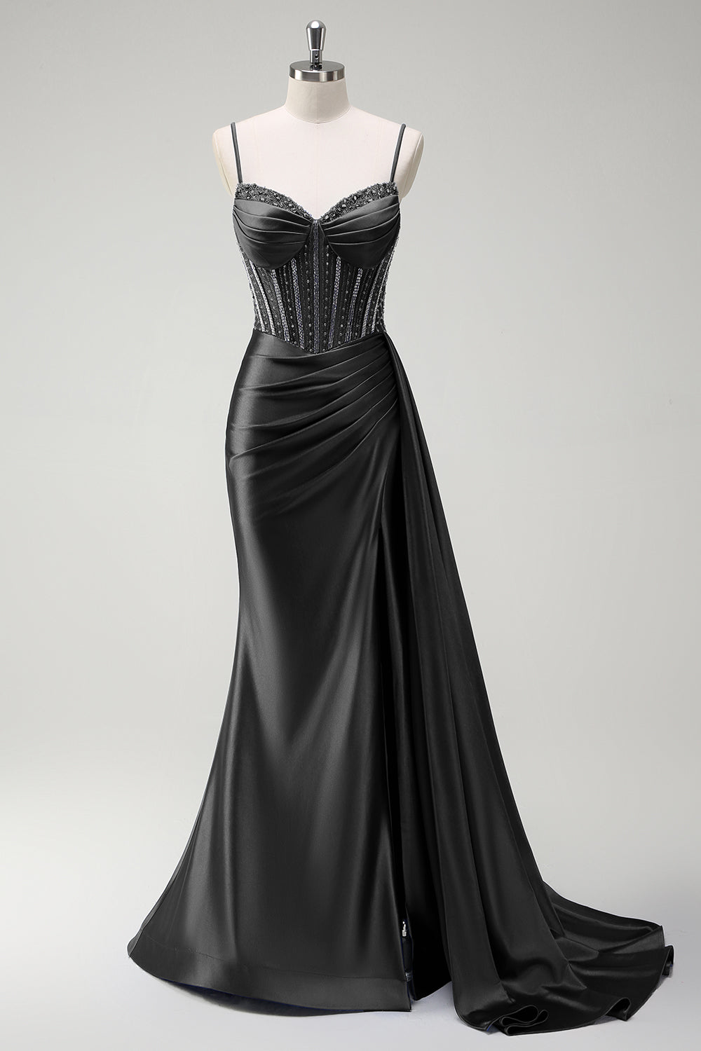 Robe longue de bal en satin plissée avec corset perlé sirène violet scintillant et fente