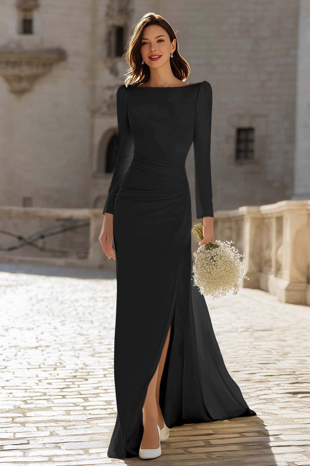 Ivory Bateau Neck Bodycon Satin Wedding Dress with Slit