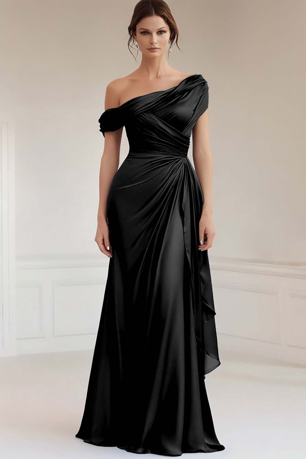 Mermaid Gray Blue One-Shoulder Satin Ruched Mother of the Bride Dress with Ruffles