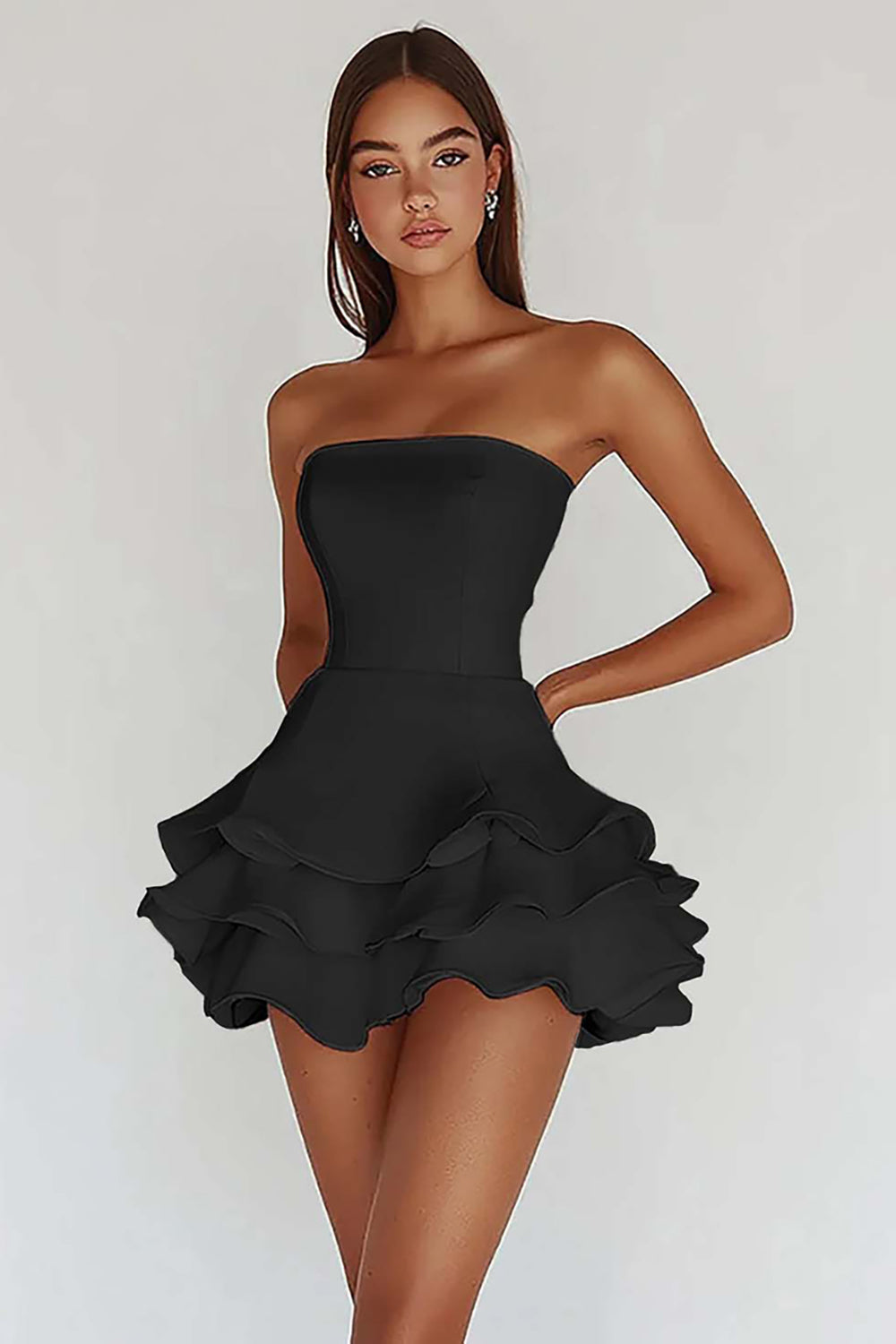 White Strapless A-Line Tiered Matte Satin Graduation Dress