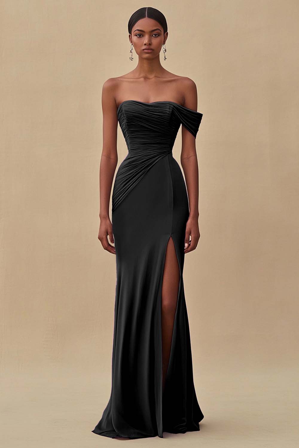 Robe de soirée longue sirène bleu encre à épaules dénudées avec fente
