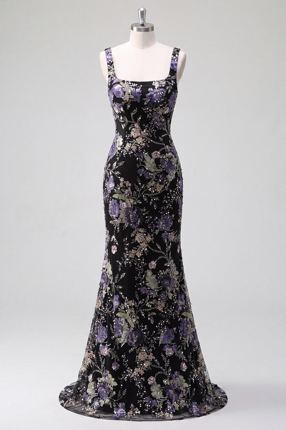 Robe de bal sirène longue rose à col carré, ornée de fleurs et de perles