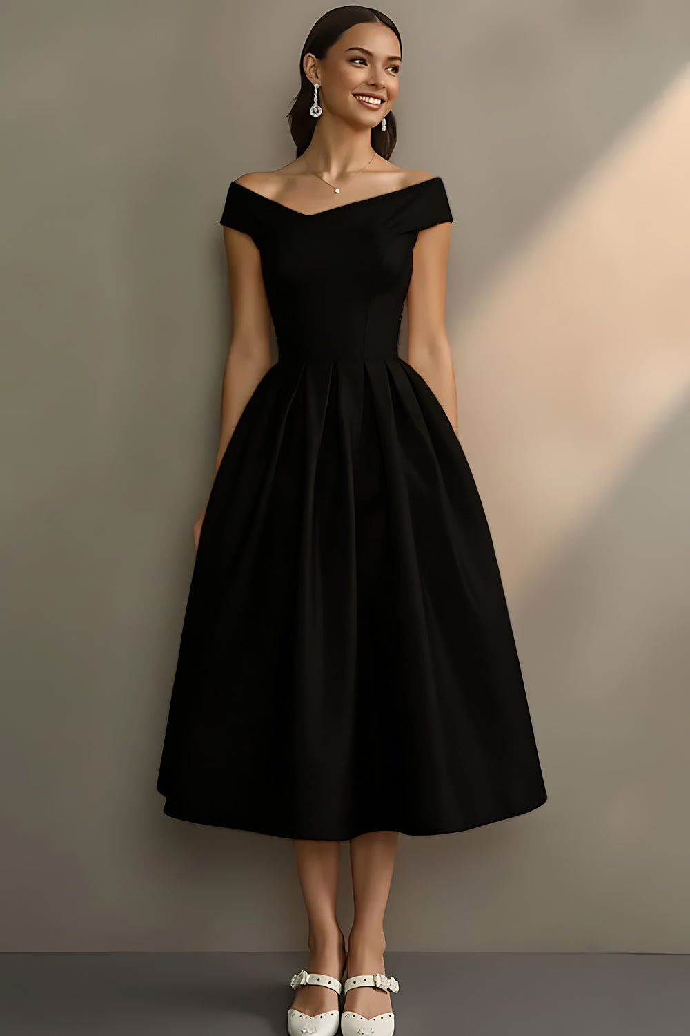 Robe de fiançailles midi trapèze blanche à épaules dénudées