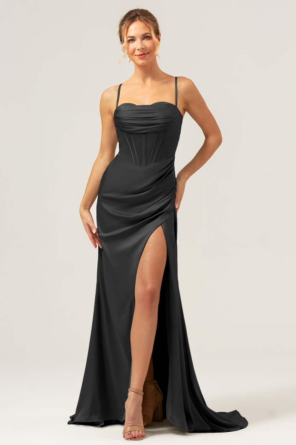 Dusty Blue Mermaid Spaghetti Straps Corset Satin Bridesmaid Dress with Slit