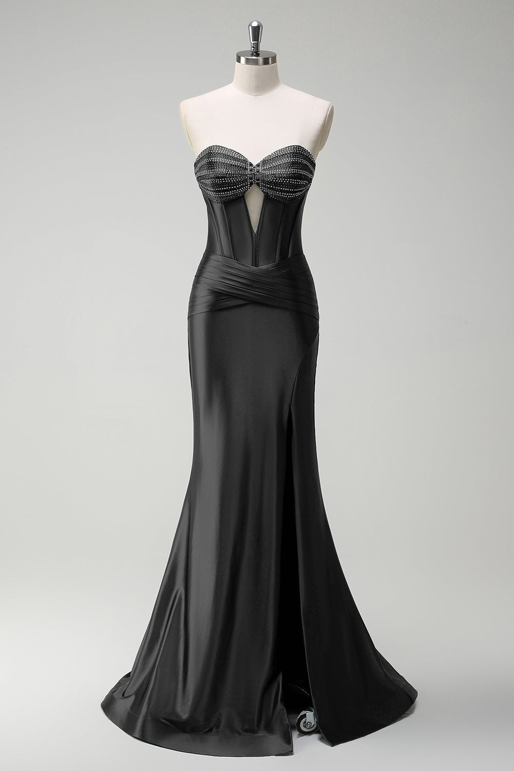 Robe de bal longue en satin bleu roi scintillant avec bustier orné de perles de sirène et fente