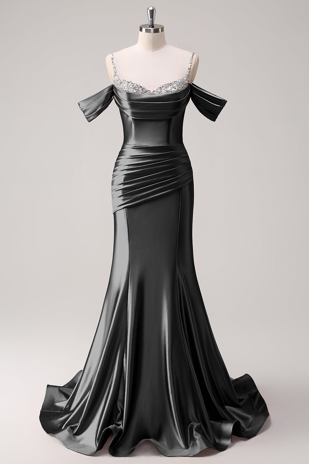 Robe de bal longue en satin froncé à paillettes épaules dénudées sirène dorée scintillante