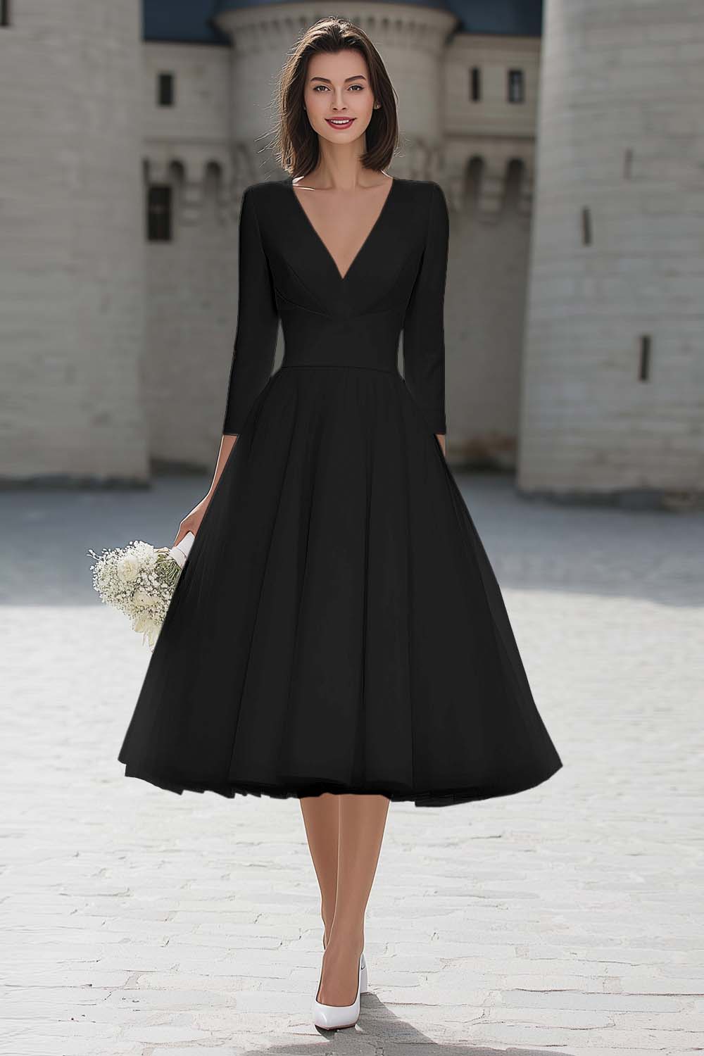 A-Line Ivory V-Neck Midi Engagement Dress