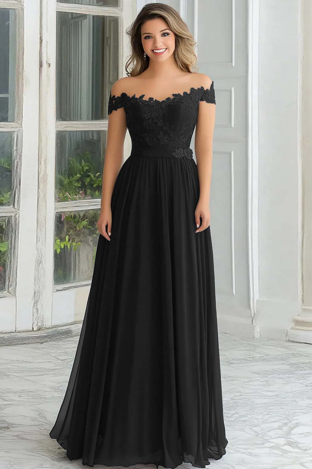 Robe longue de mère de la mariée élégante bleu marine coupe évasée en mousseline et dentelle avec épaules dénudées