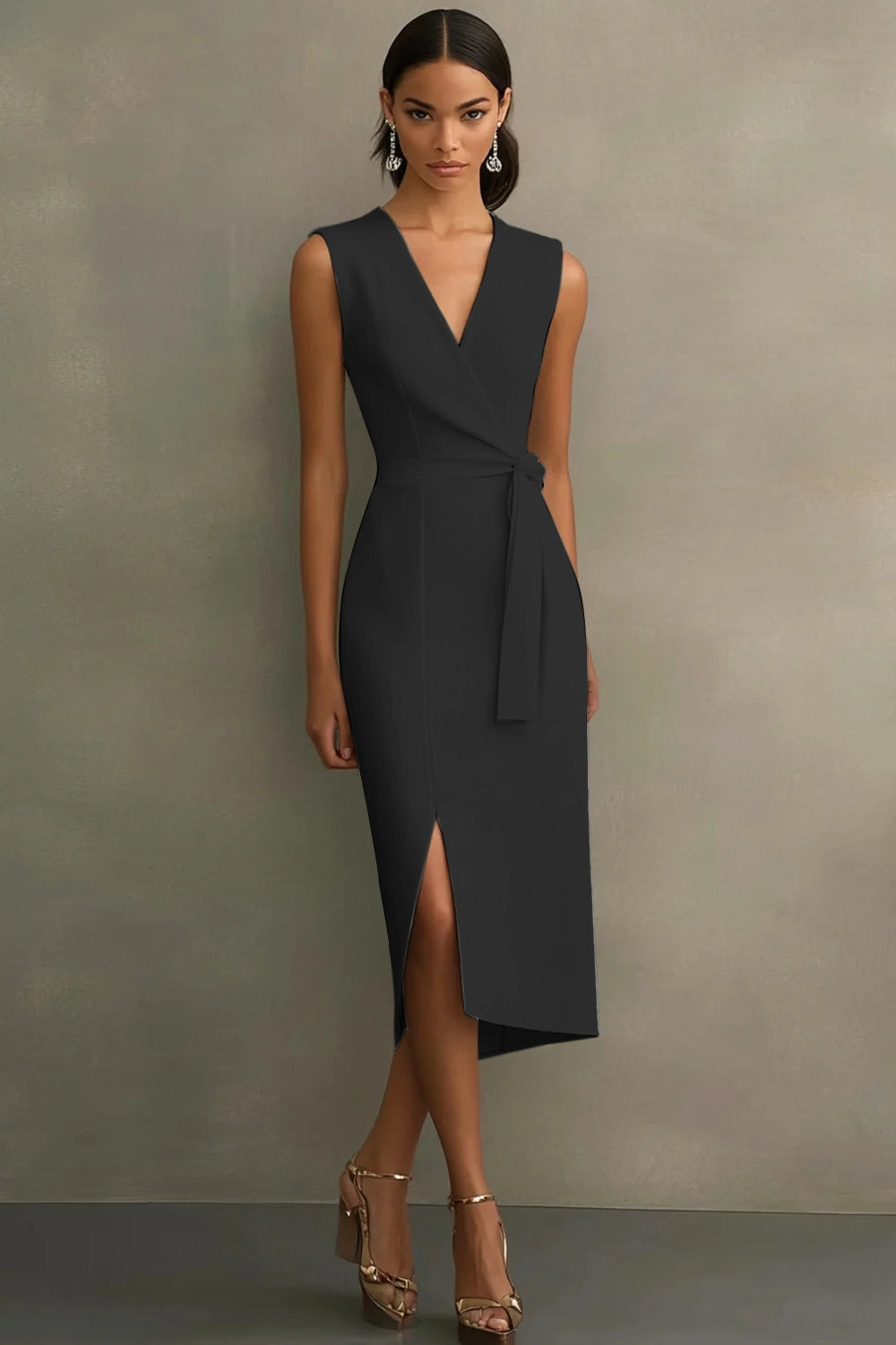 Fourreau en satin blanc avec décolleté en V et ceinture, longueur midi, robe de soirée