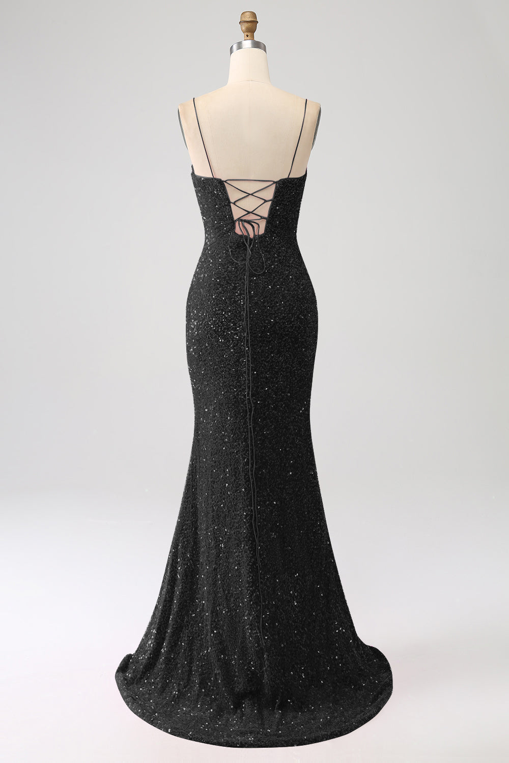 Robe de bal de sirène fuchsia à bretelles spaghetti fendue avec paillettes