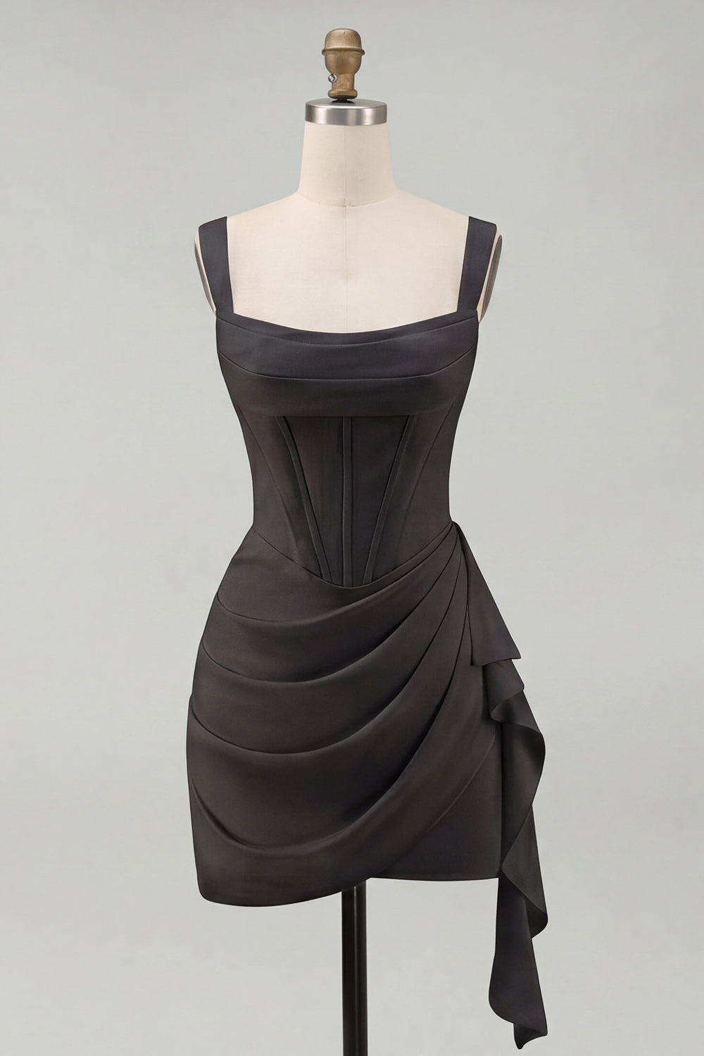 Ivory Corset Square Neck Ruched Bodycon Mini Graduation Dress with Ruffles
