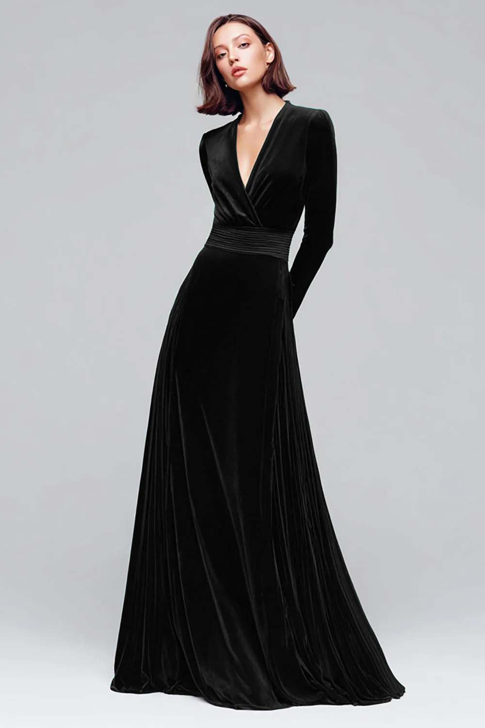 Dark Green A Line V Neck Velvet Holiday Party Dress With Long Sleeves