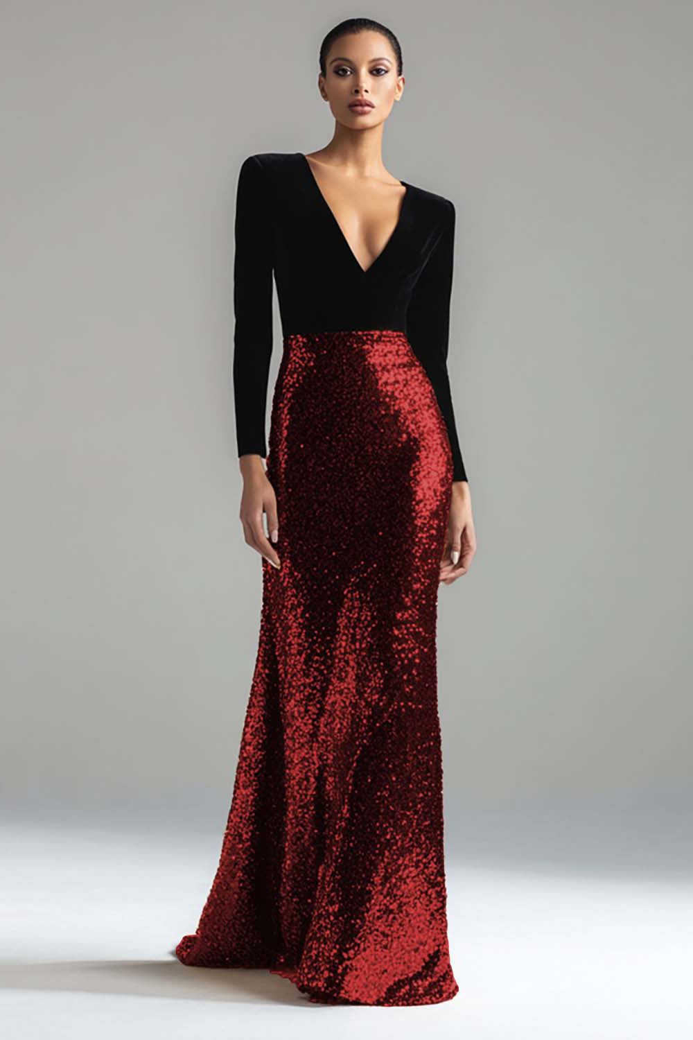 Robe de soirée longue fourreau noire et or étincelante à col en V avec manches