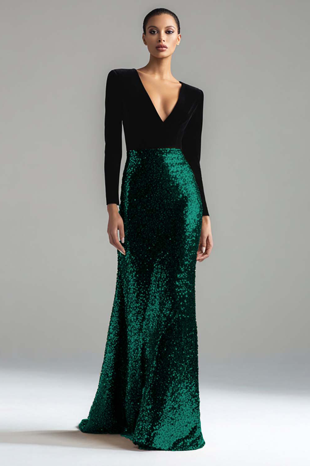 Robe de soirée longue fourreau noire et or étincelante à col en V avec manches