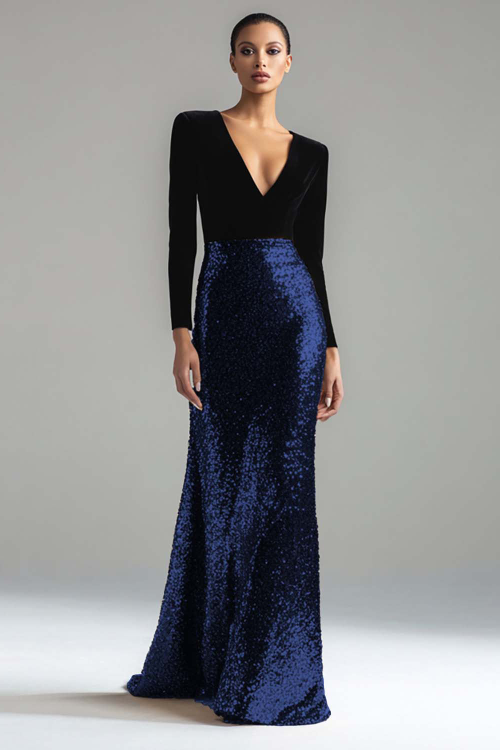 Robe de soirée longue fourreau noire et or étincelante à col en V avec manches