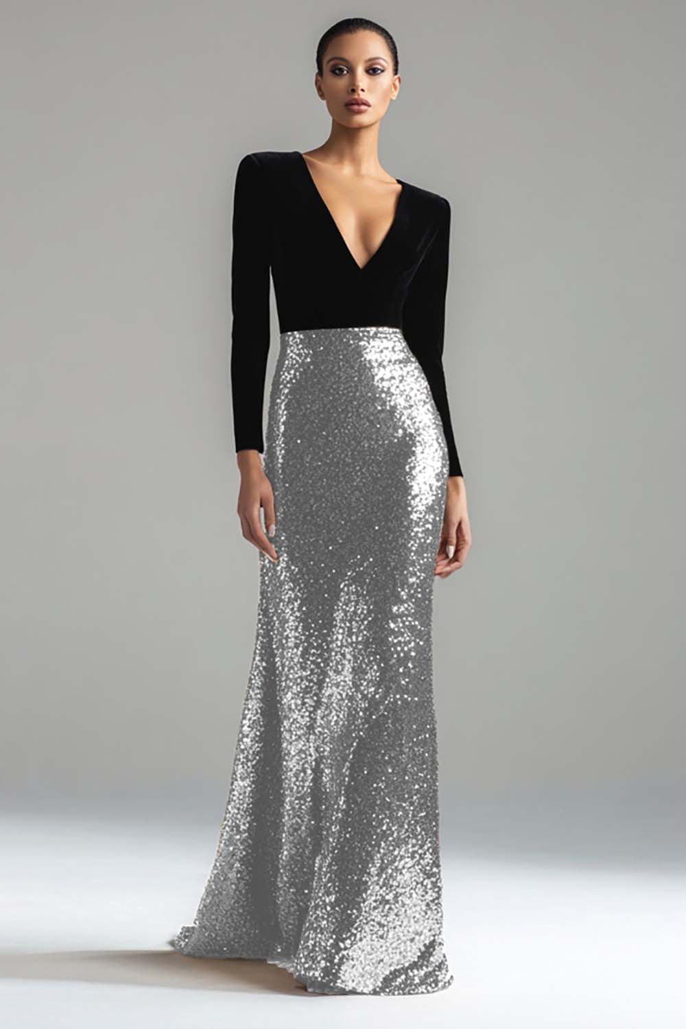 Robe de soirée longue fourreau noire et or étincelante à col en V avec manches