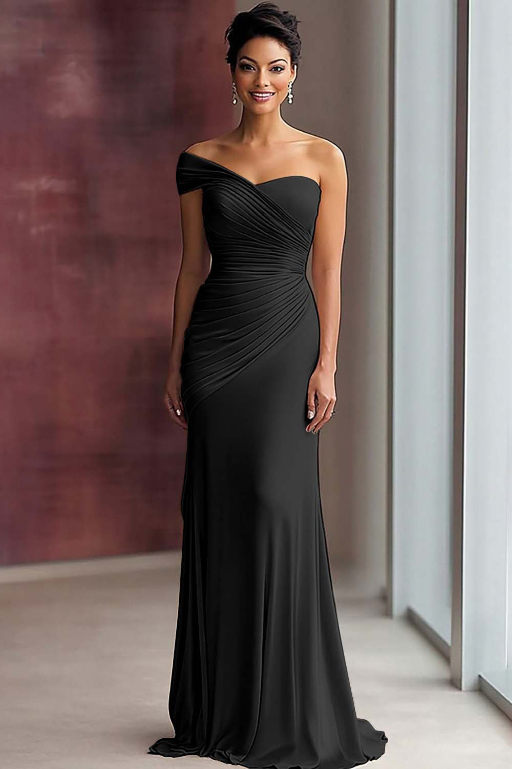 Robe de gala fourreau asymétrique plissée en jersey kaki clair