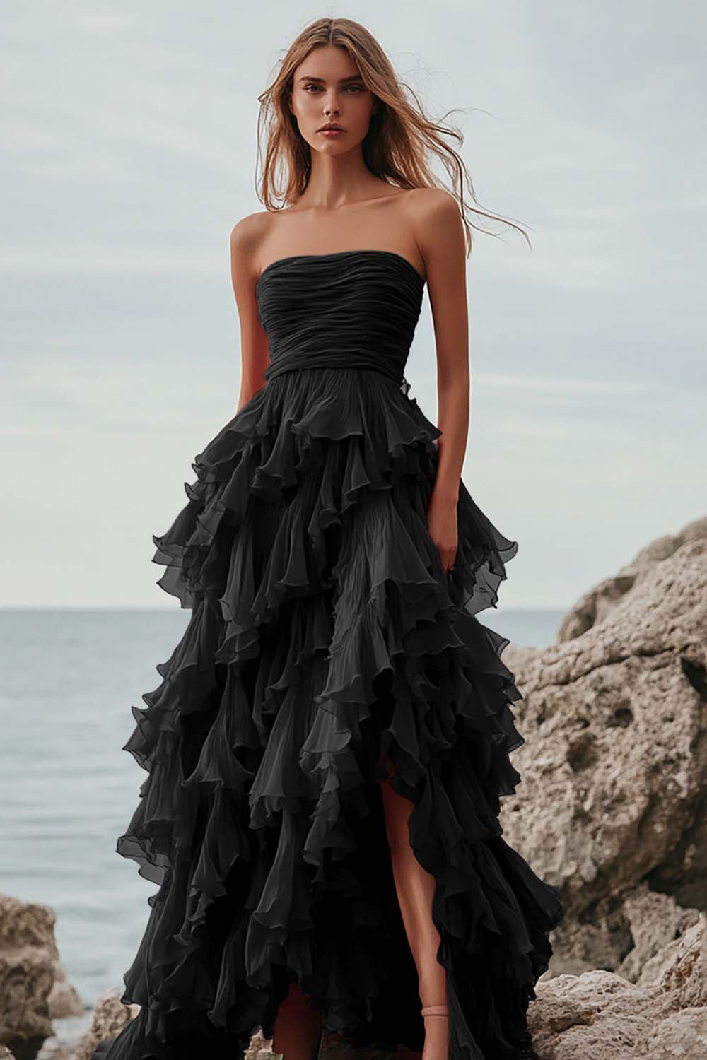 Fuchsia Ruffle A Line Strapless Long Formal Dress with Slit