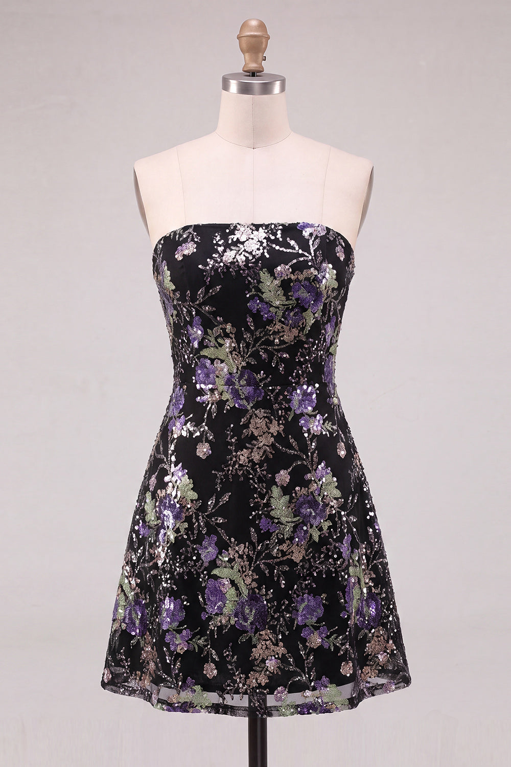 Strapless Pink A-Line Floral Sequins Short Cocktail Dress