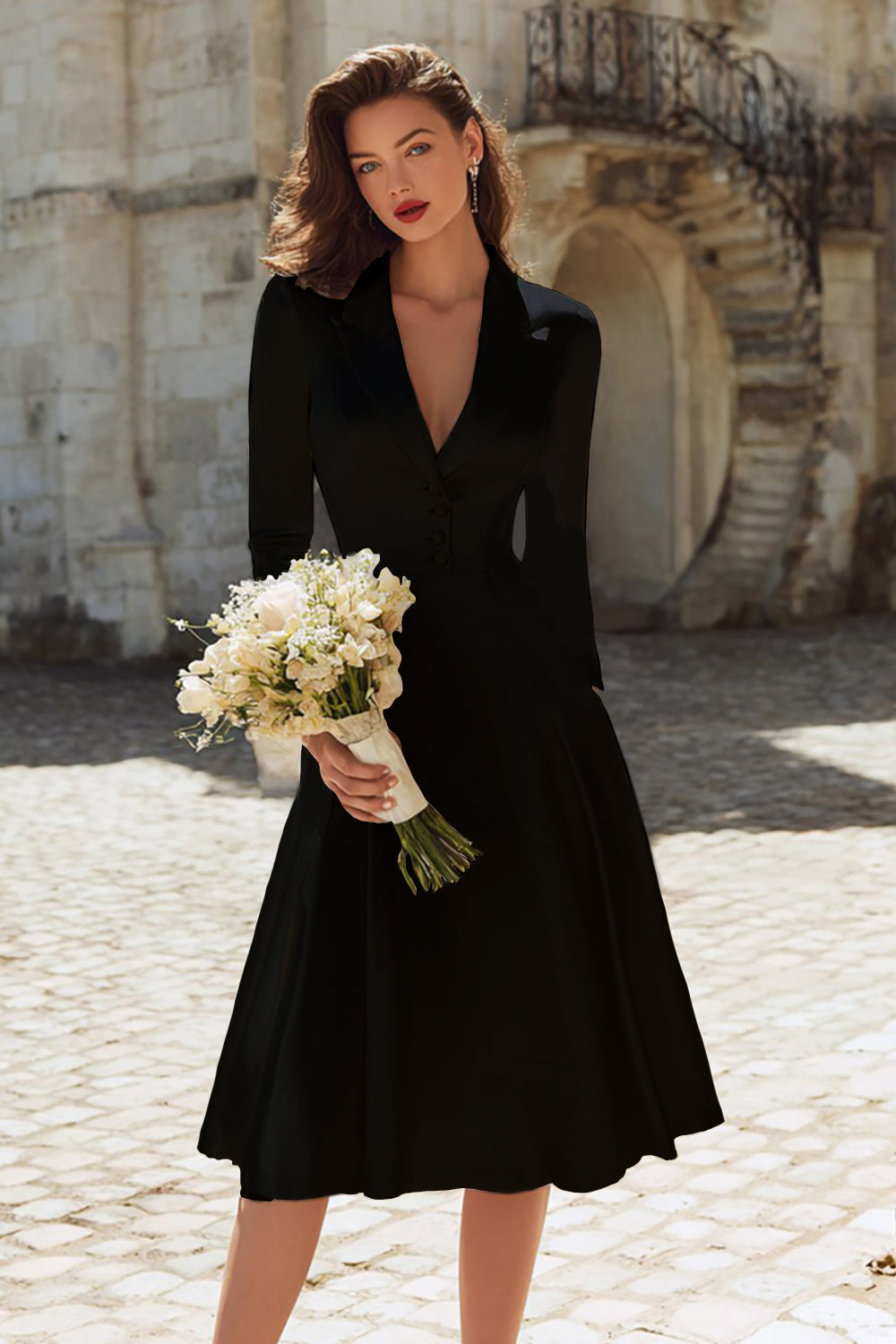 Ivory Satin Peaked Lapel A-Line Midi Engagement Dress