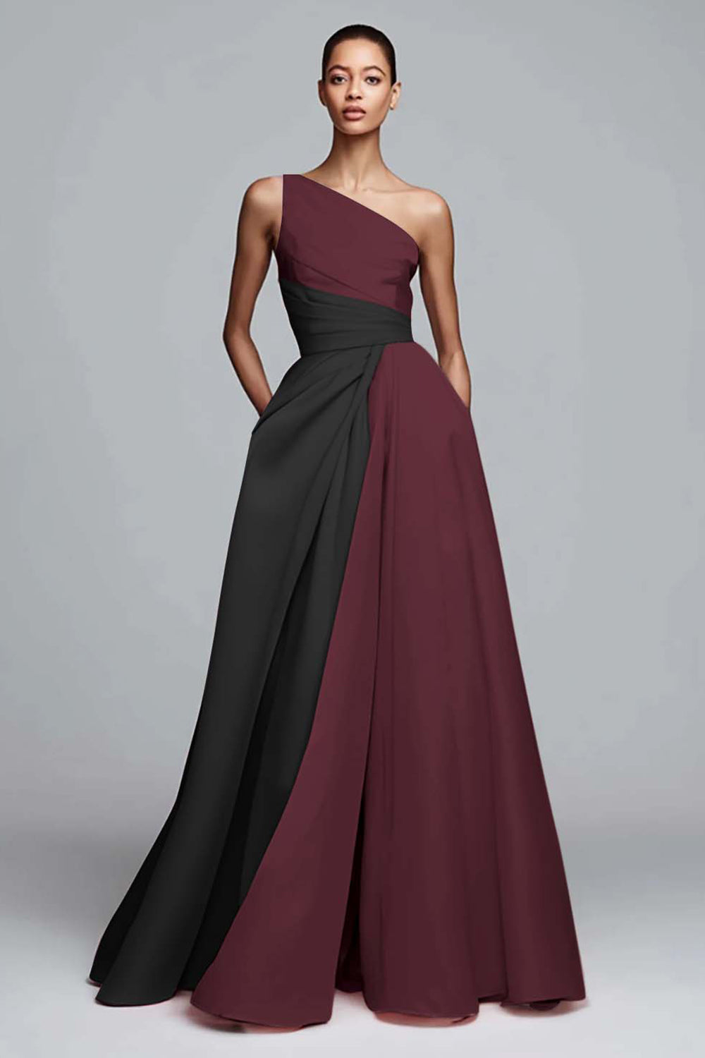 Robe de soirée rose plissée asymétrique à coupe trapèze