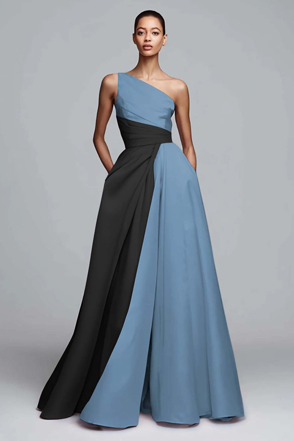Robe de soirée rose plissée asymétrique à coupe trapèze