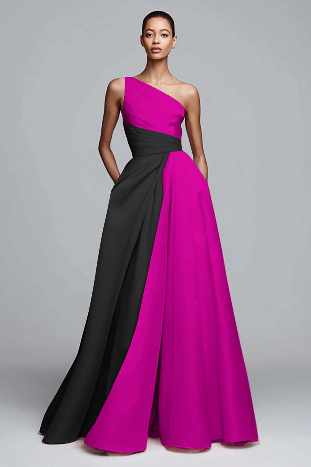 Robe de soirée rose plissée asymétrique à coupe trapèze