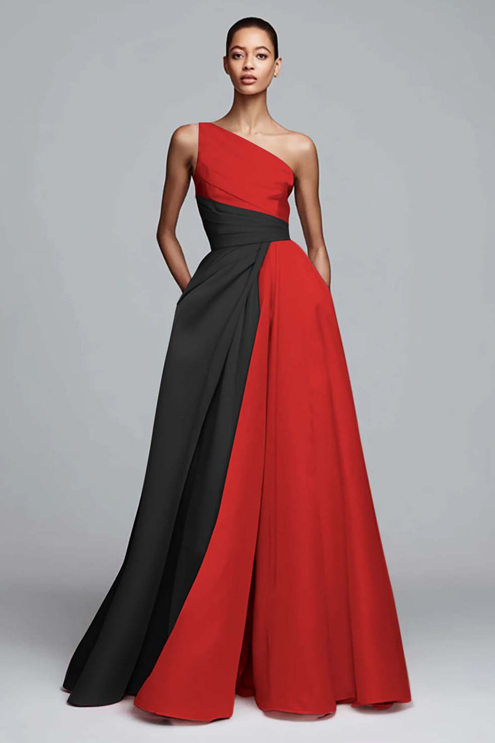 Robe de soirée rose plissée asymétrique à coupe trapèze