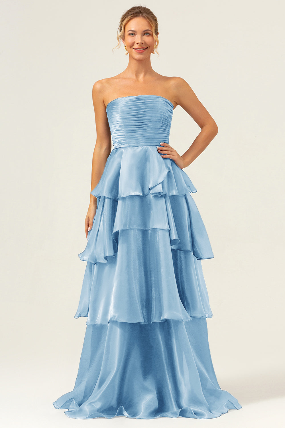 Blue A Line Strapless Tiered Satin Long Prom Dress