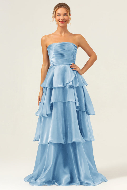 Blue A Line Strapless Tiered Satin Long Prom Dress