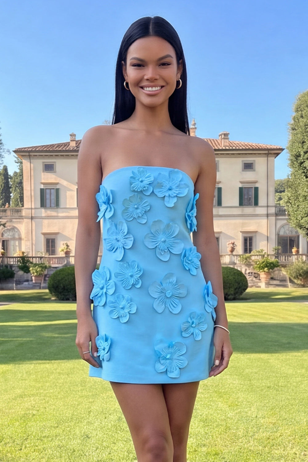 Strapless Hot Pink Bodycon Homecoming Dress with 3D Flowers