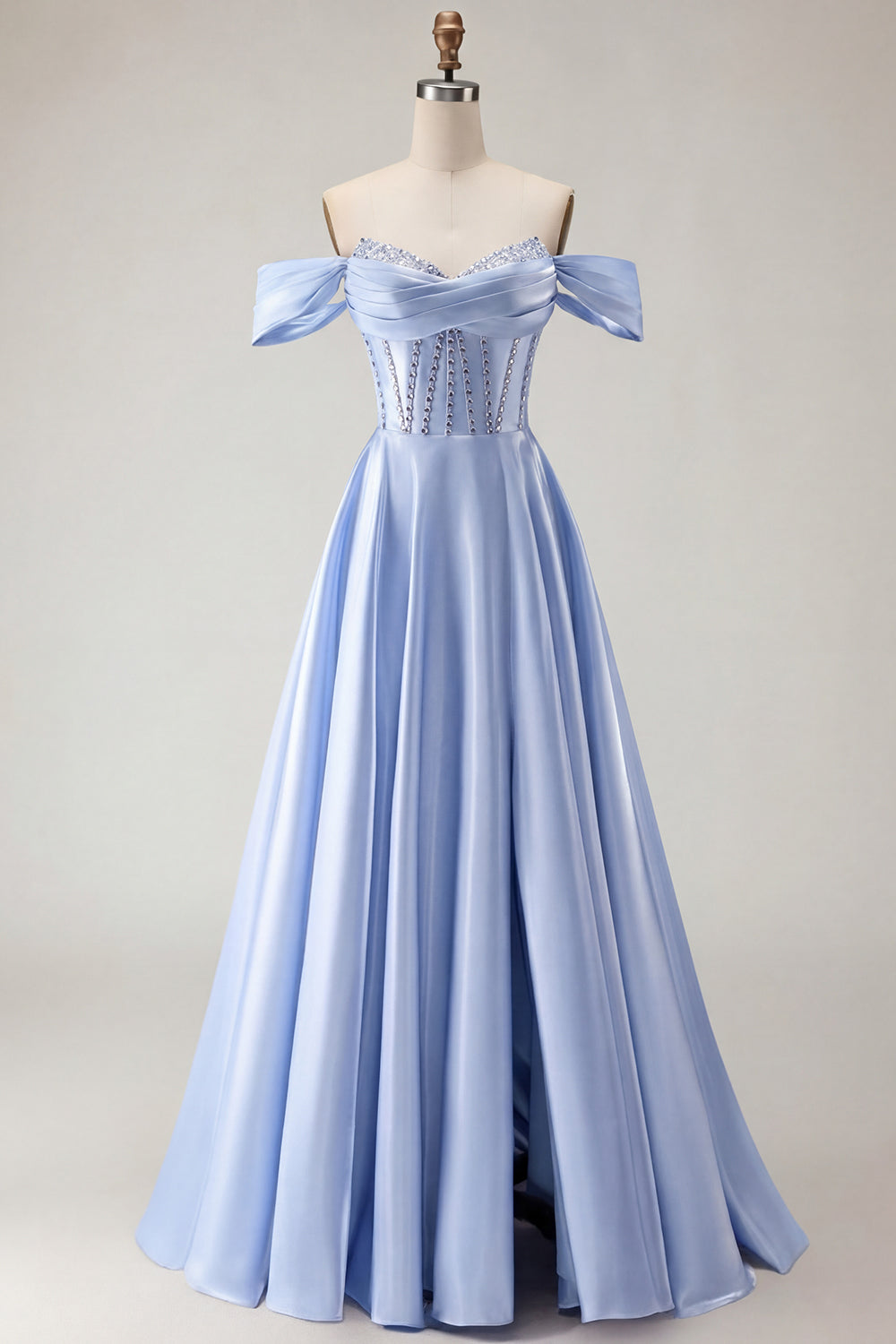 Robe de bal longue en tulle violet avec corset, épaules dénudées, perles, ligne A et fente