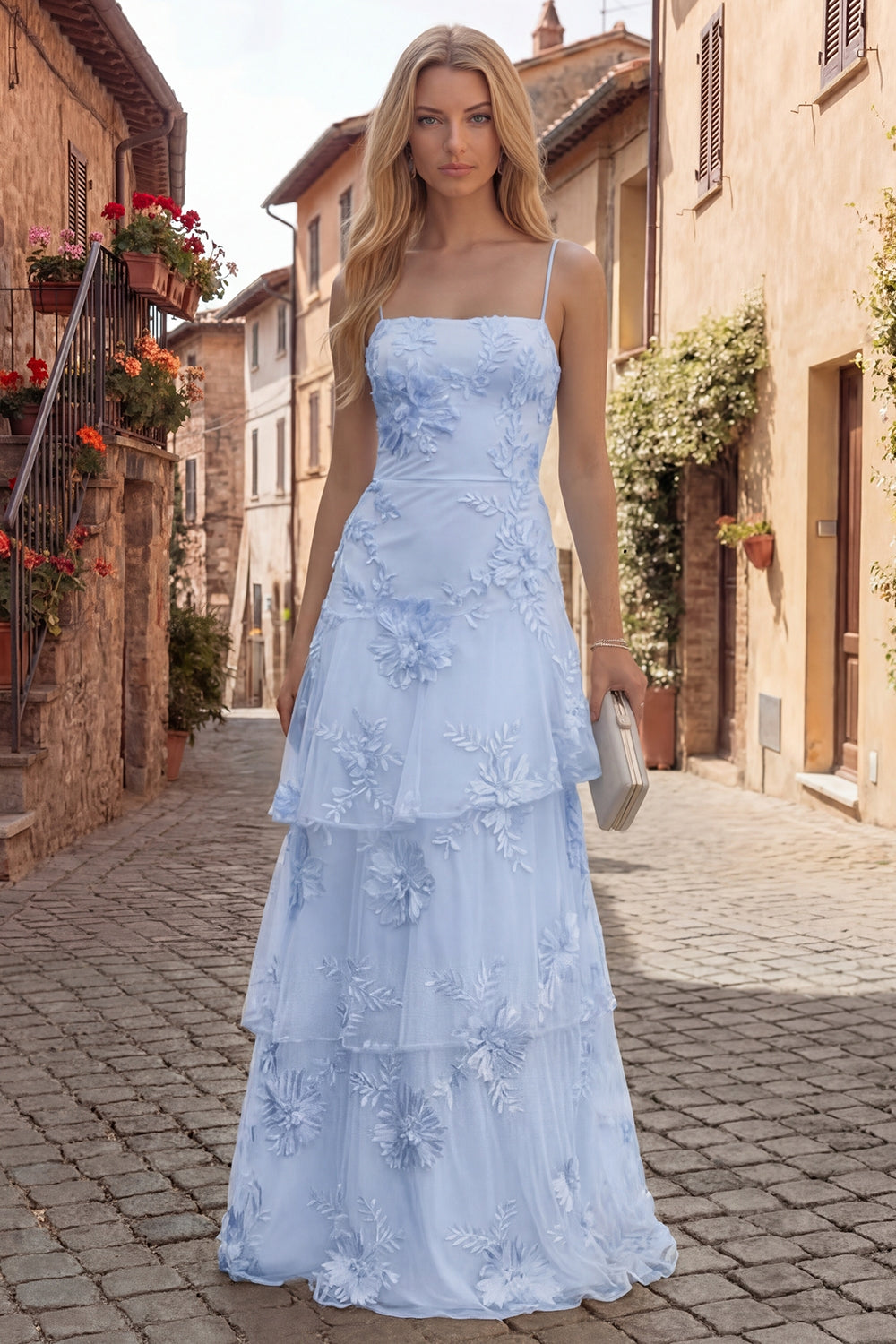 Yellow A-Line Spaghetti Straps Tiered Long Prom Dress with Floral Embroidery
